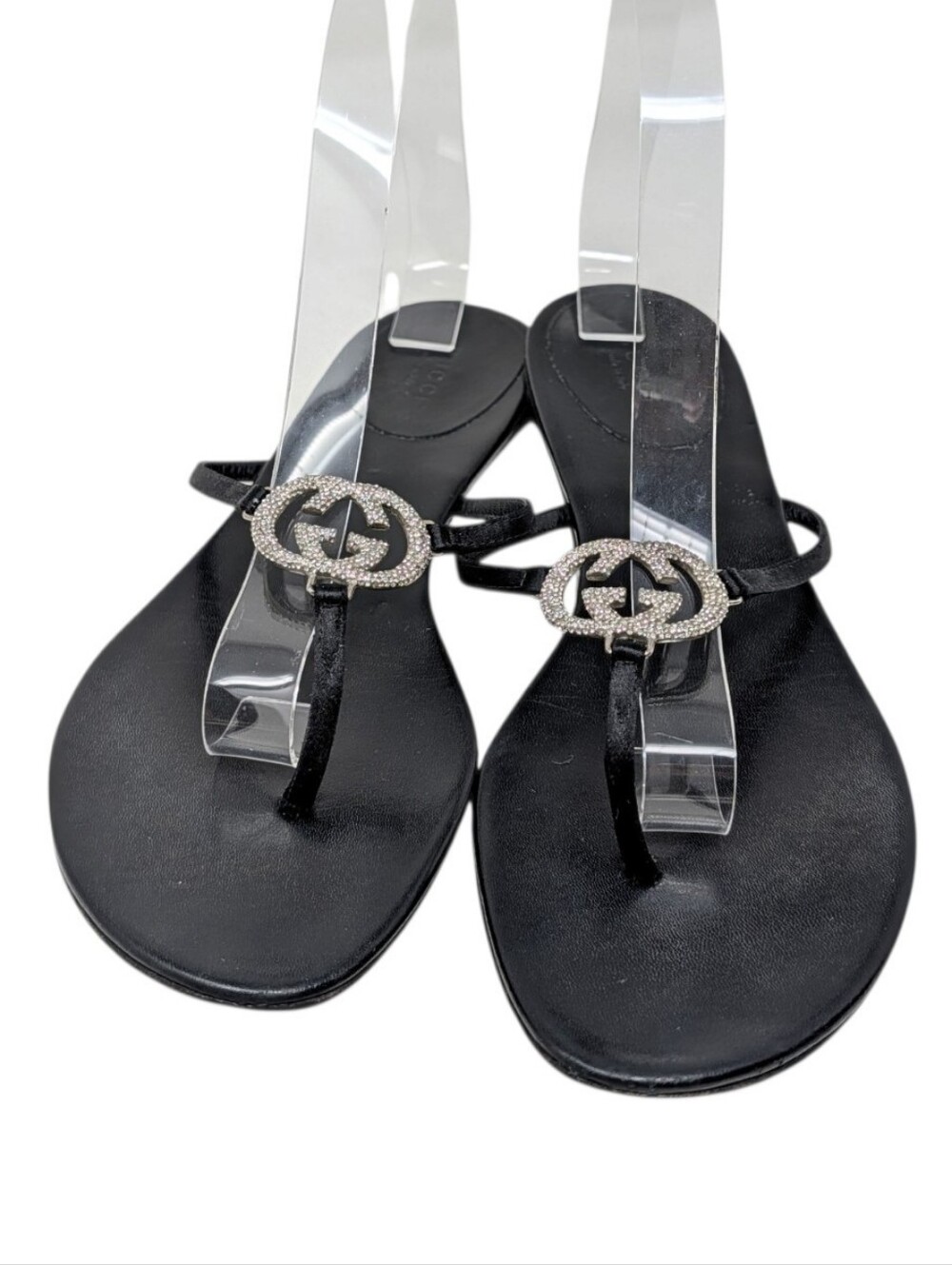 Gucci Black Leather Crystal Interlocking GG Logo Thong Sandals Size 9B - Picture 4 of 8